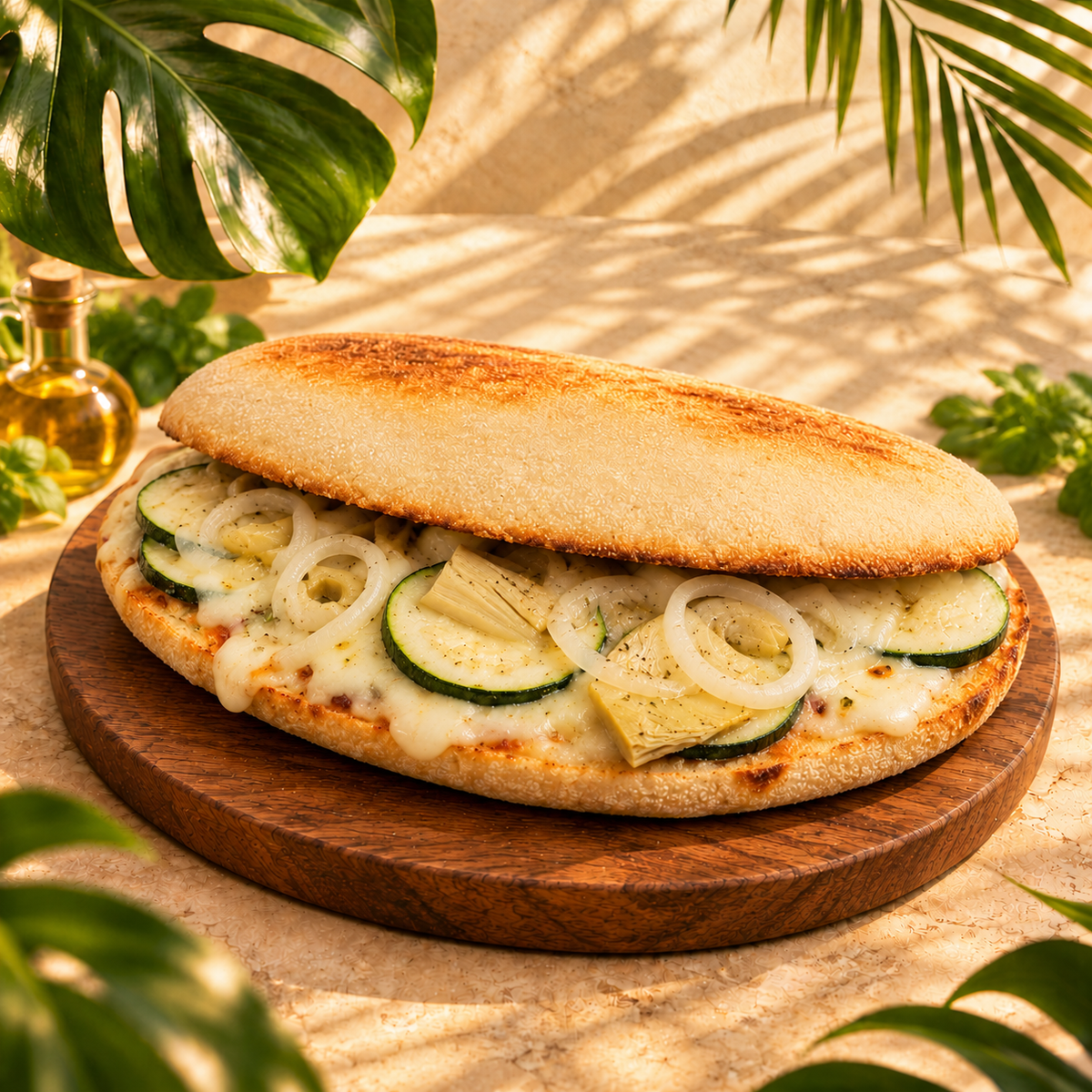 Mollete de verduras sobre tabla en un entorno tropical