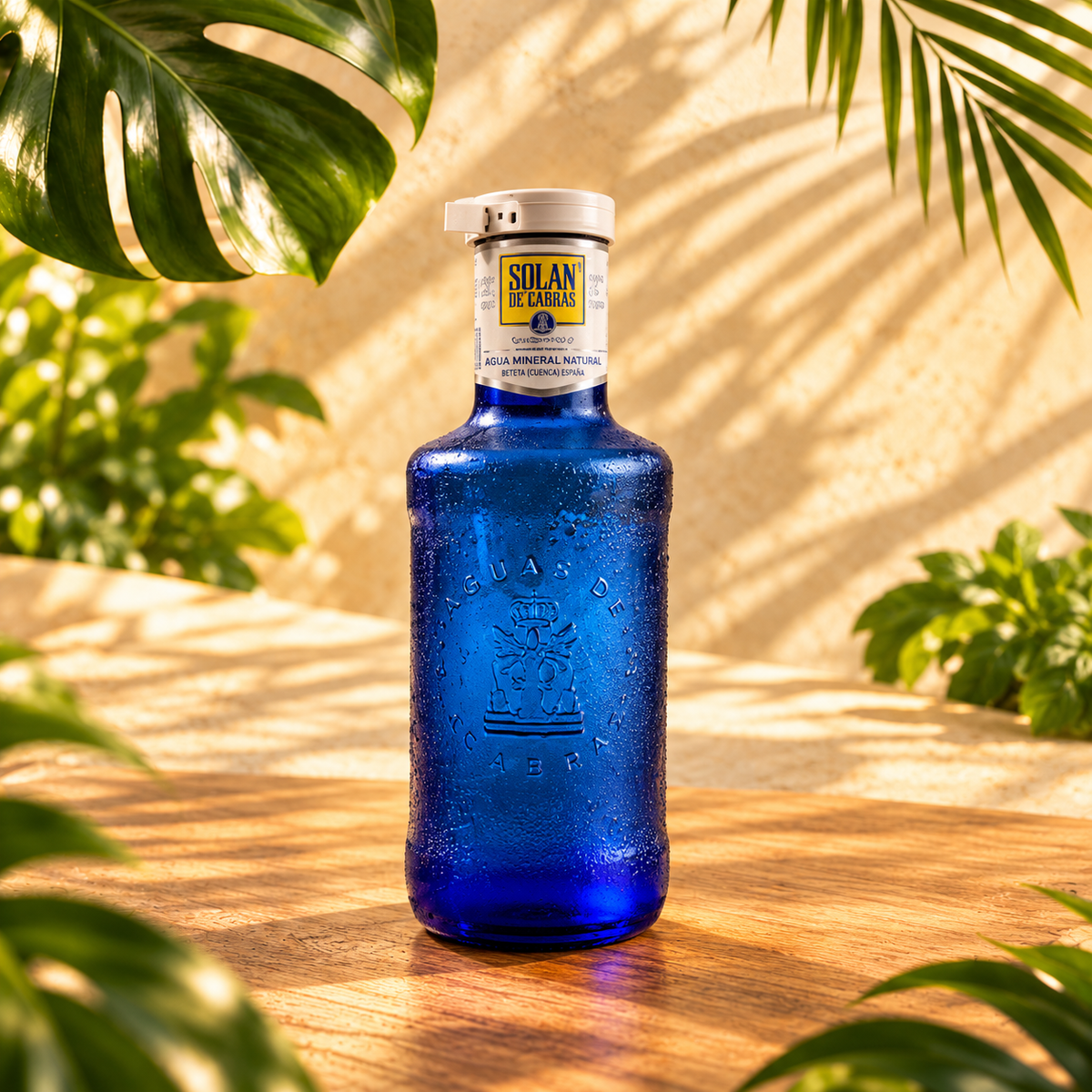 Agua Solán de Cabras entre hojas tropicales