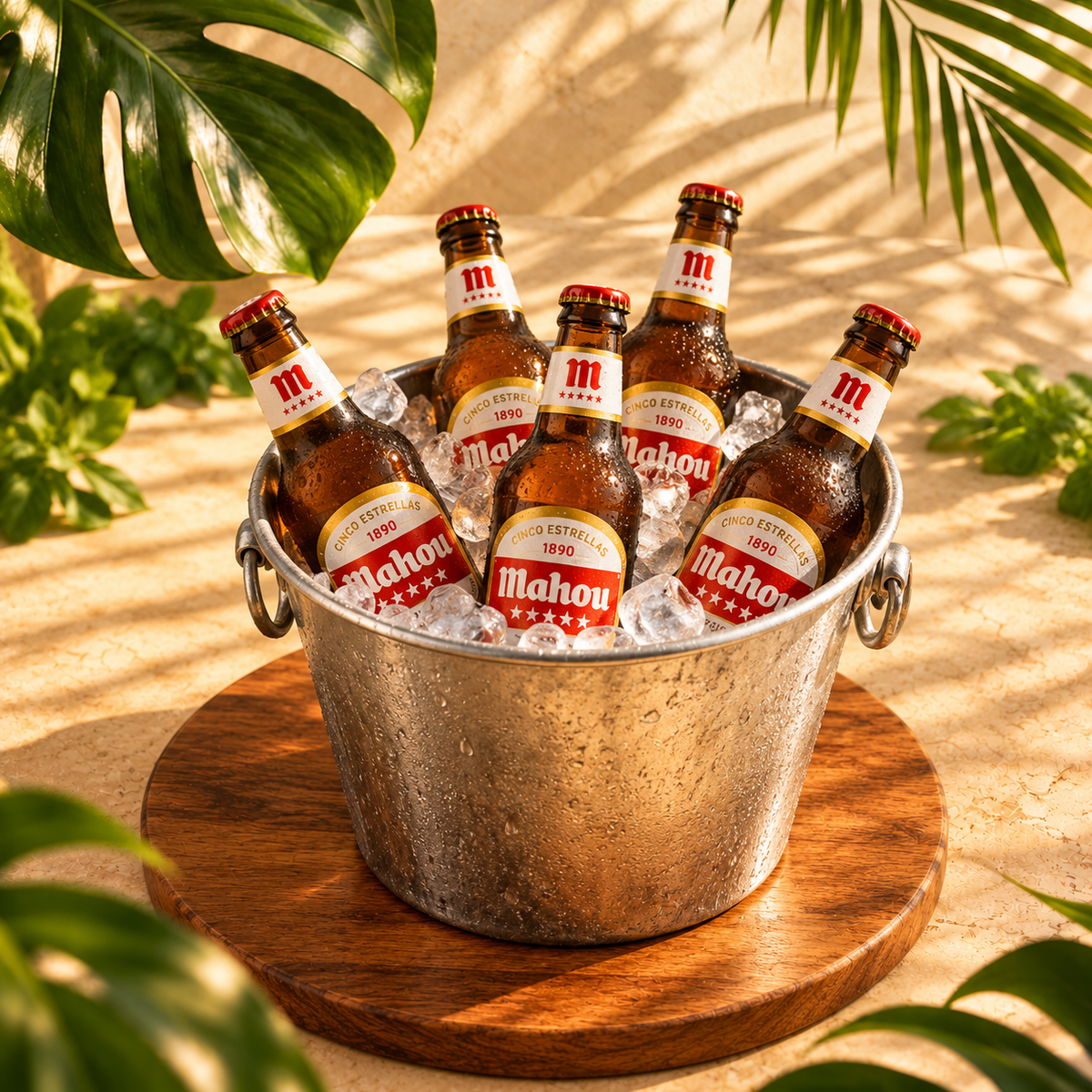 Cubo metálico con botellas de Mahou y hielo entre hojas tropicales