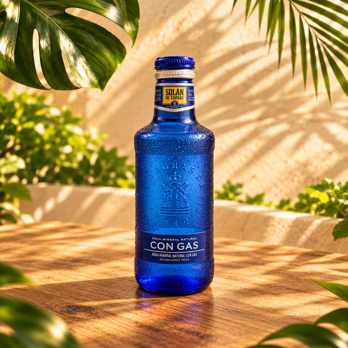 Botella azul de Solán de Cabras con gas sobre una mesa de madera entre hojas tropicales