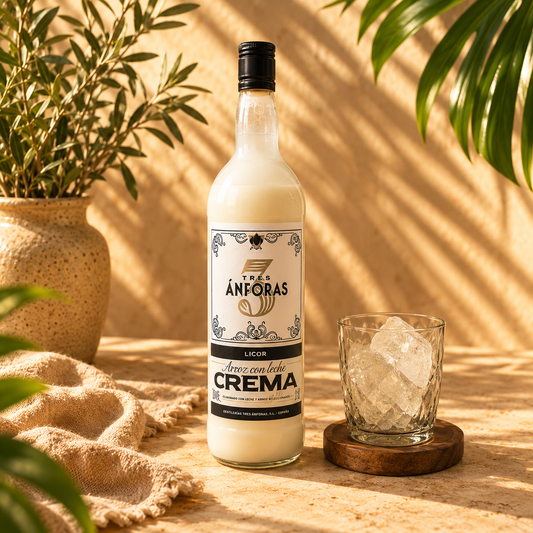 Licor de arroz Tres Ánforas con vaso de hielo