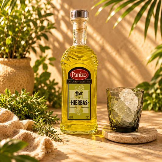 Licor de hierbas Panizo con vaso de hielo