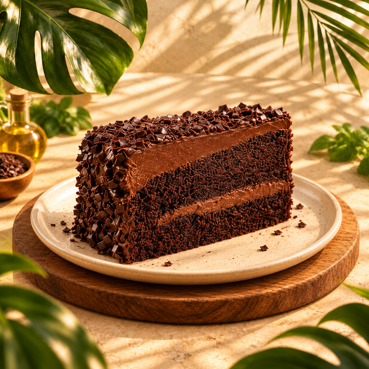 Porción de tarta de chocolate sobre plato entre hojas tropicales