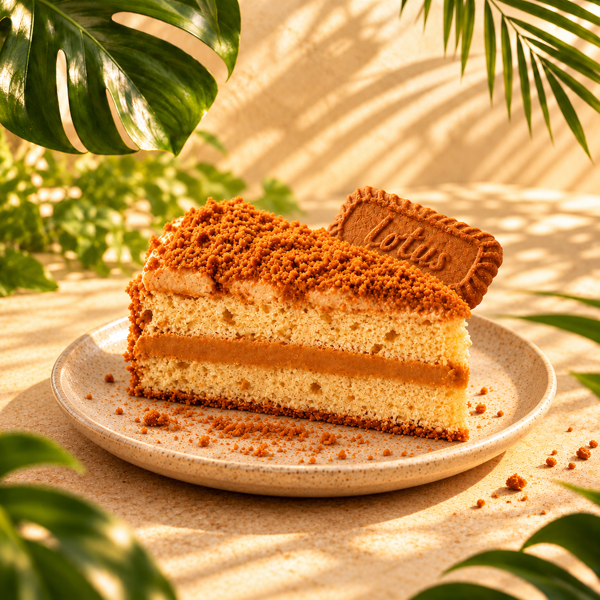 Porción de tarta Lotus Biscoff sobre plato entre hojas tropicales