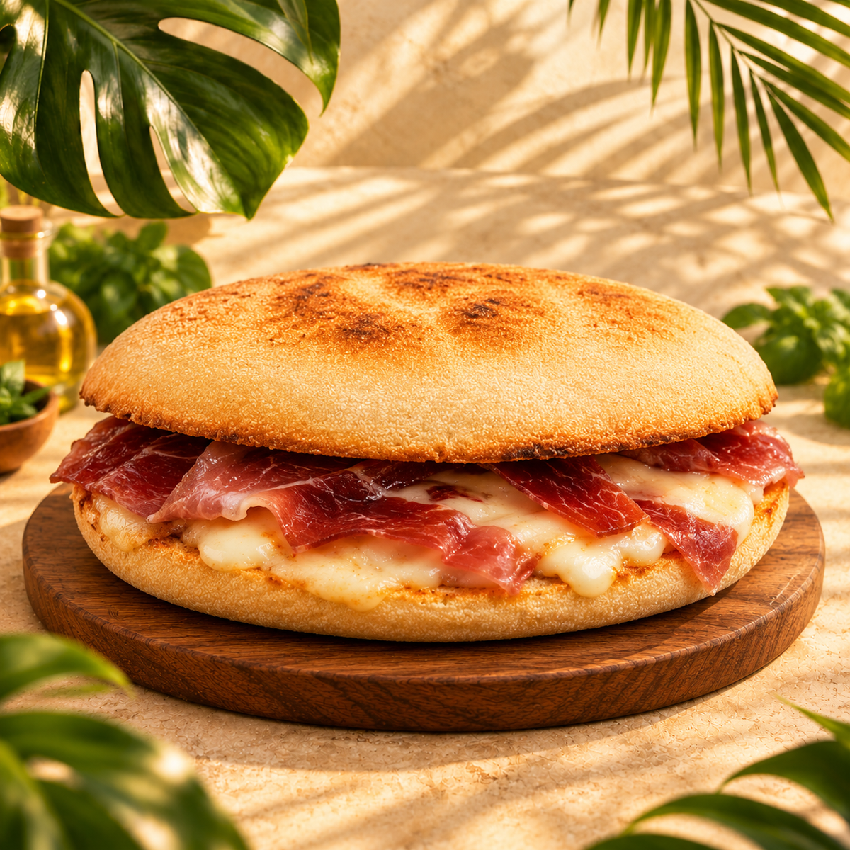 Mollete Ibérico con jamón y queso fundido sobre tabla entre hojas tropicales
