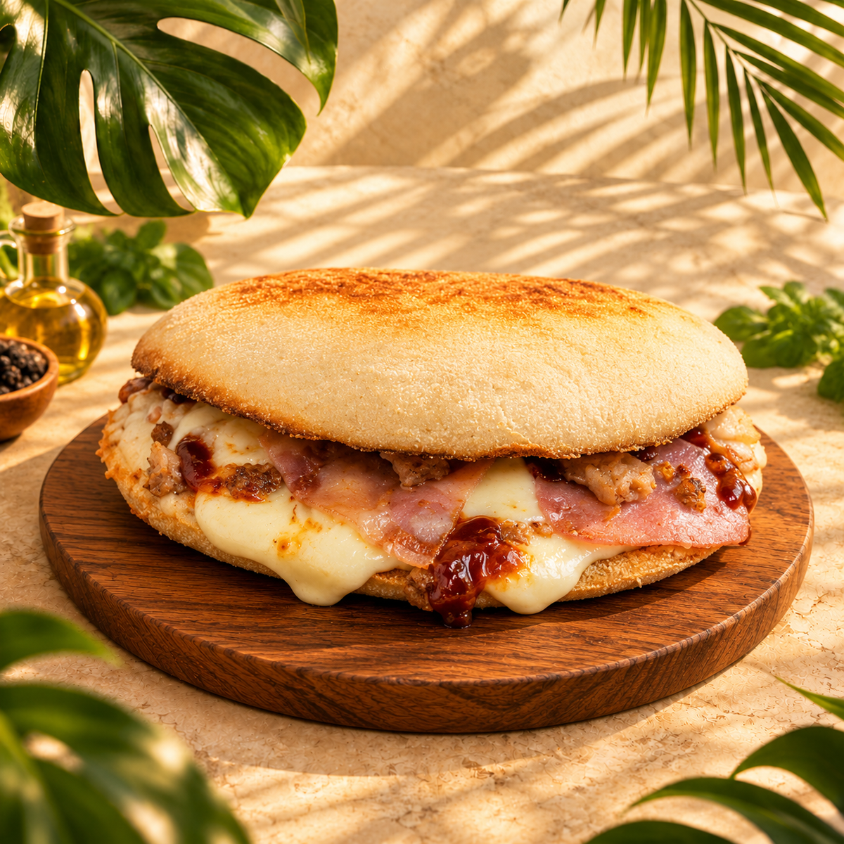 Mollete con queso fundido, carne y salsa sobre tabla de madera entre hojas tropicales