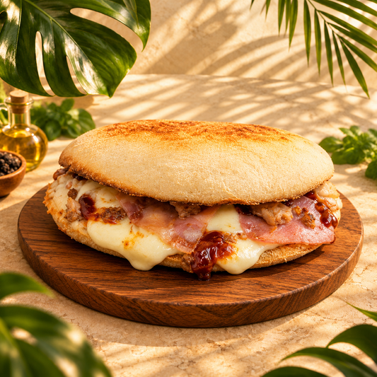 Mollete con queso fundido, carne y salsa sobre tabla de madera entre hojas tropicales