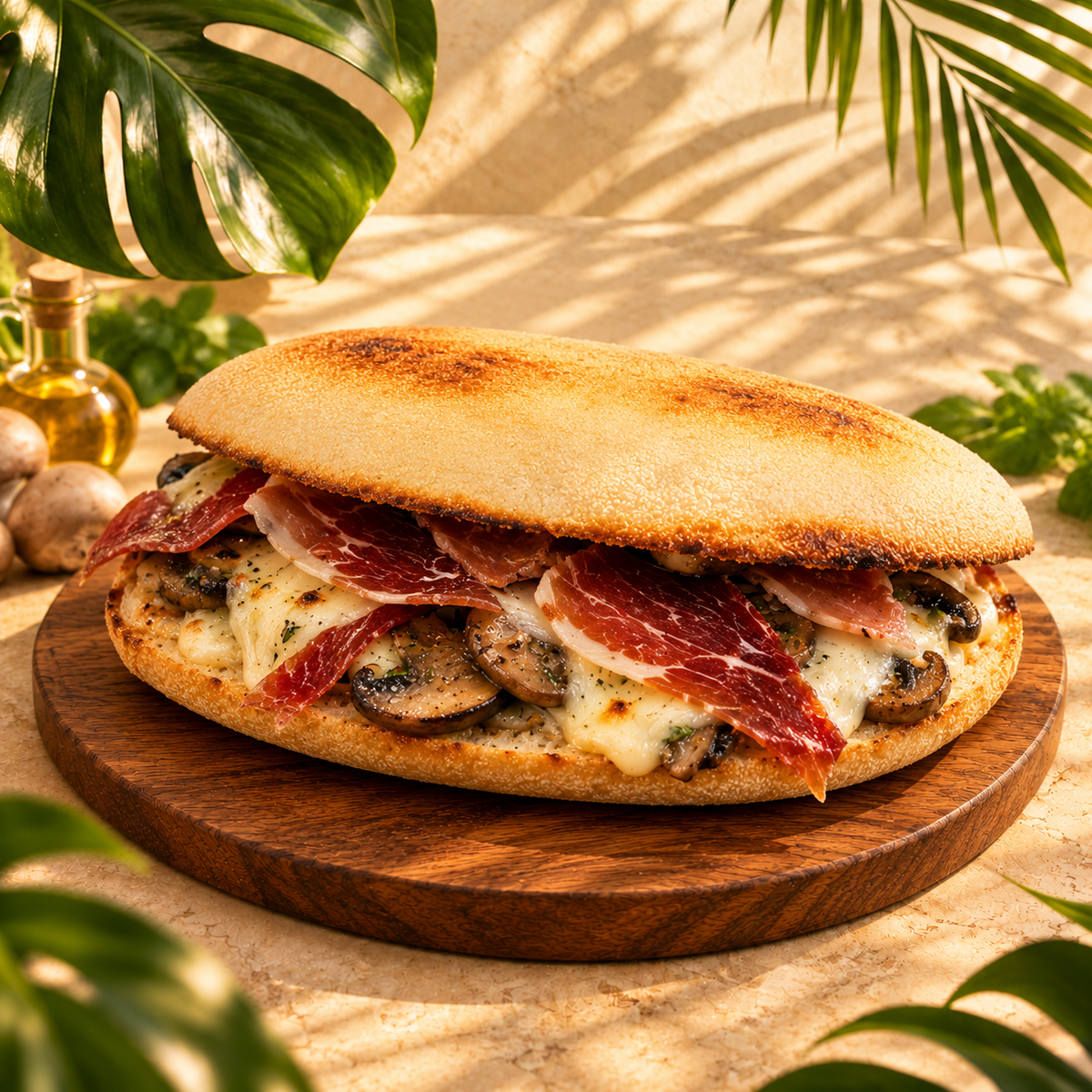 Mollete Setas con queso fundido, champiñones y jamón sobre tabla entre hojas tropicales
