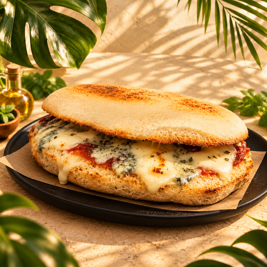 Mollete Quesos con queso fundido sobre plato entre hojas tropicales