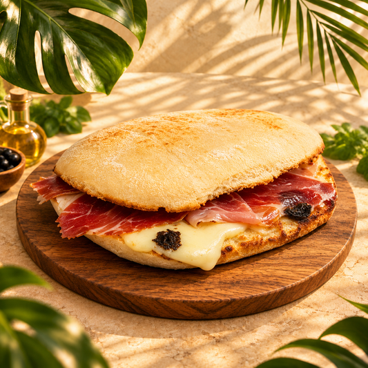 Mollete Pata Negra con jamón y queso fundido sobre tabla entre hojas tropicales
