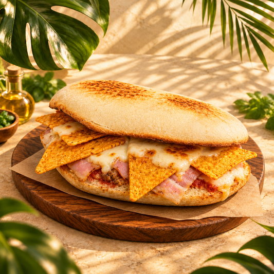 Mollete con chips triangulares, queso fundido y bacon sobre tabla de madera en un entorno tropical