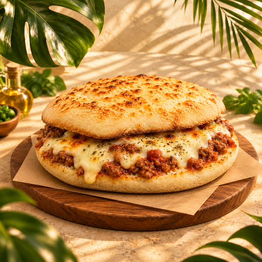Mollete Bolosaña con carne picada y queso fundido sobre una tabla de madera entre hojas tropicales