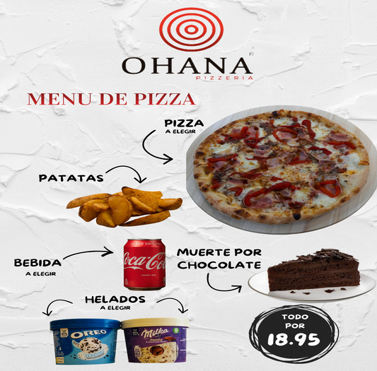 MENU DE PIZZA (elige pizza bebida y postre en notas del pedido añadiendo al carrito)