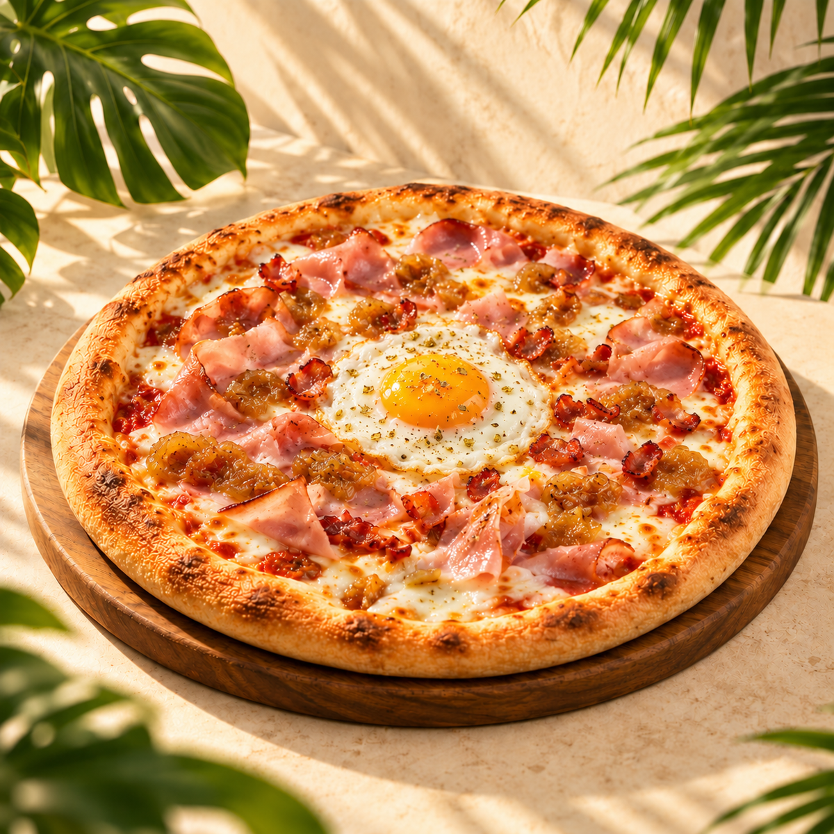 Campana. tomate, mozzarella, bacon, york, cebolla caramelizada, huevo