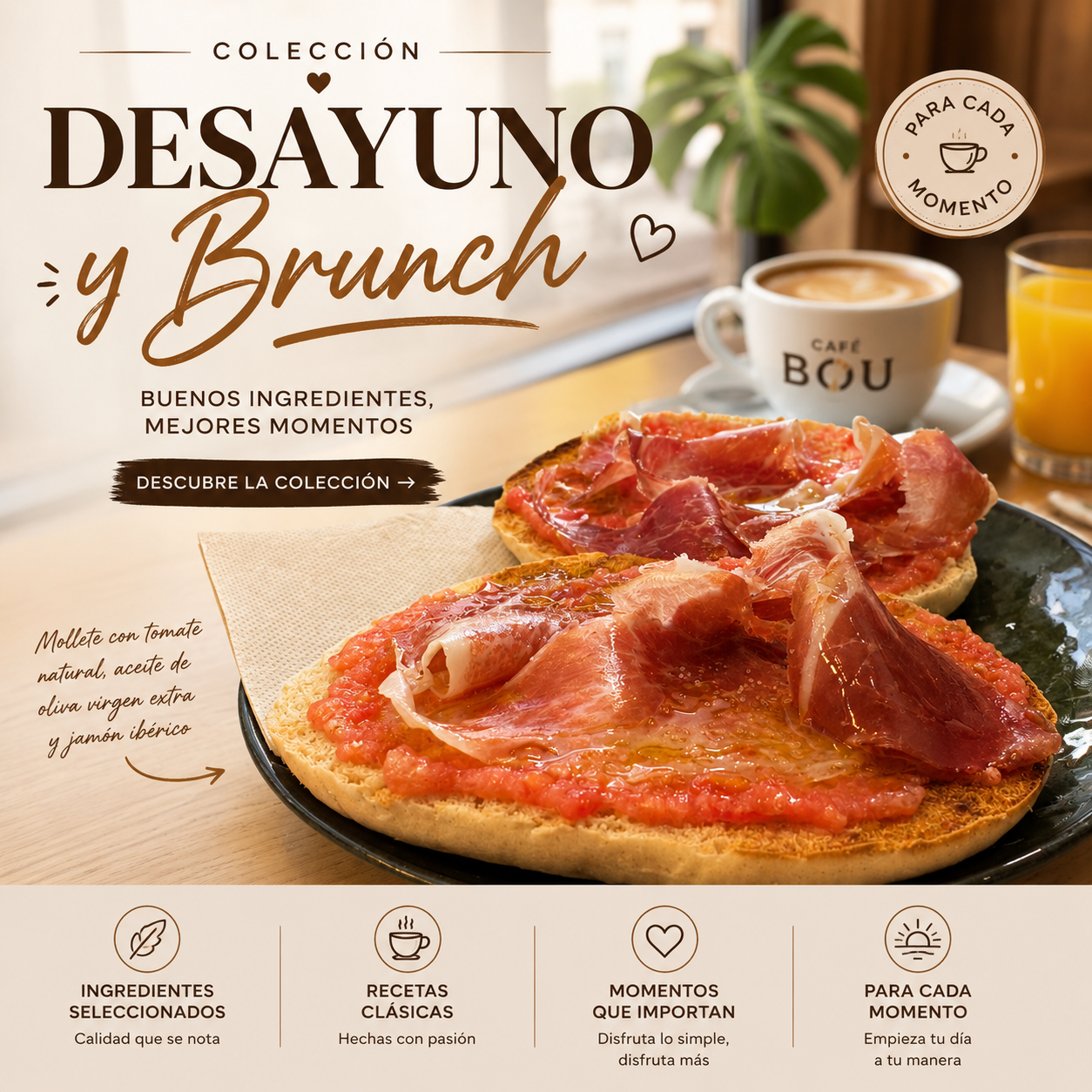 Mollete con tomate natural jamón ibérico aceite de oliva y sal